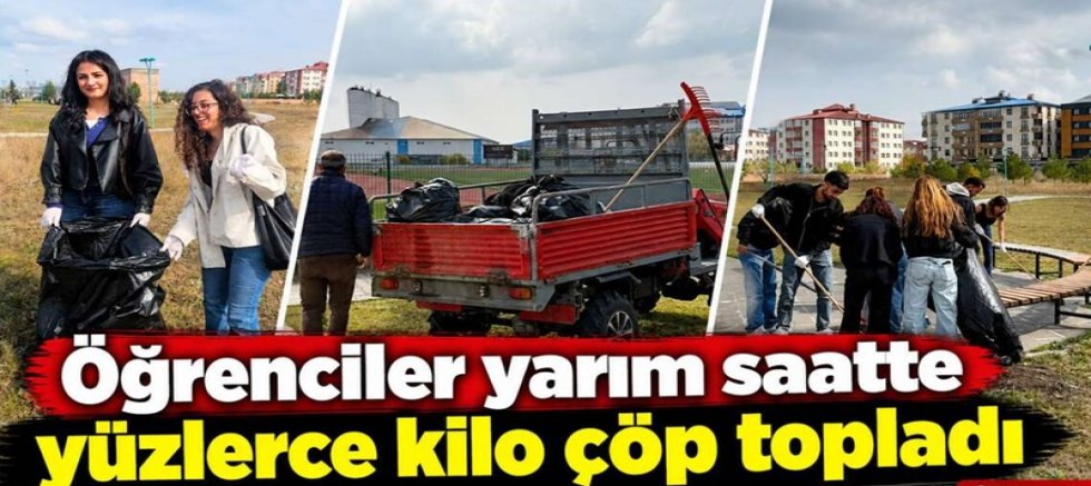 Öğrenciler yarım saatte yüzlerce kilo çöp topladı